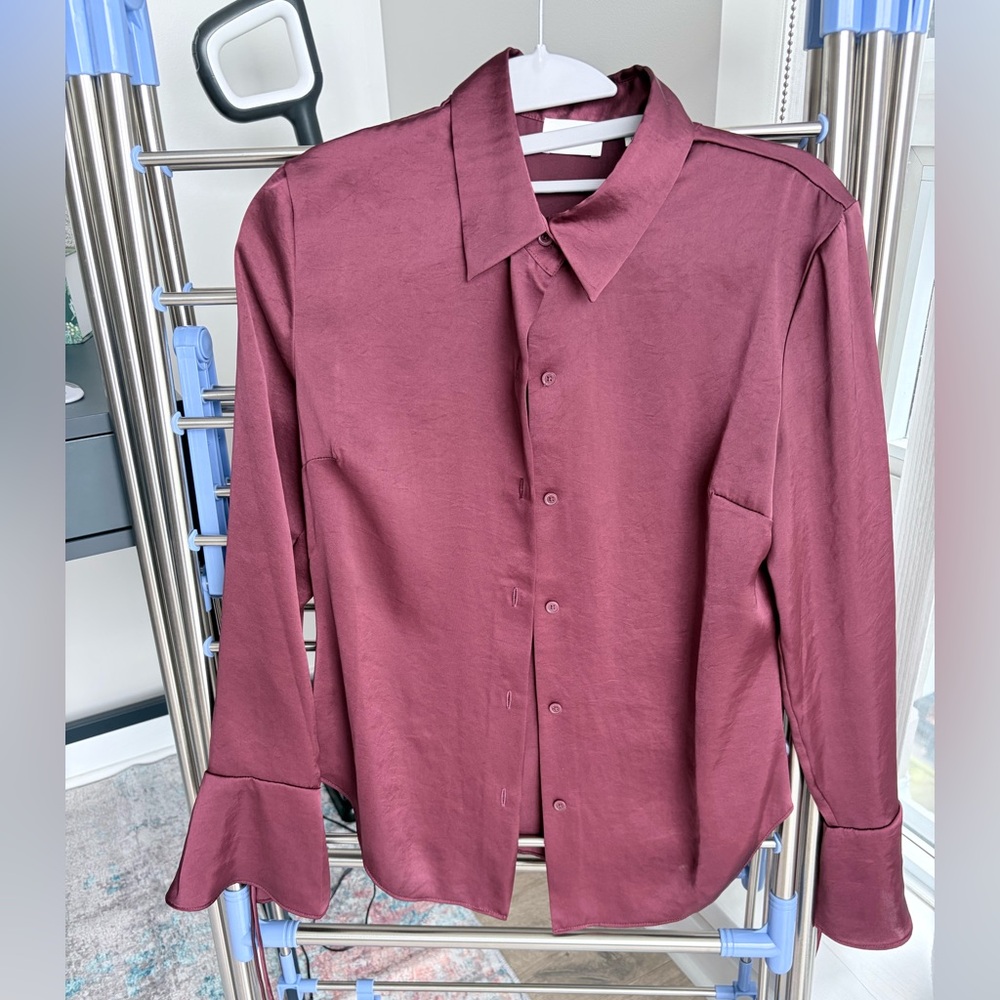 Aritzia Wilfred Satin Deep Red Button-Front Tie Sleeve Blouse XS